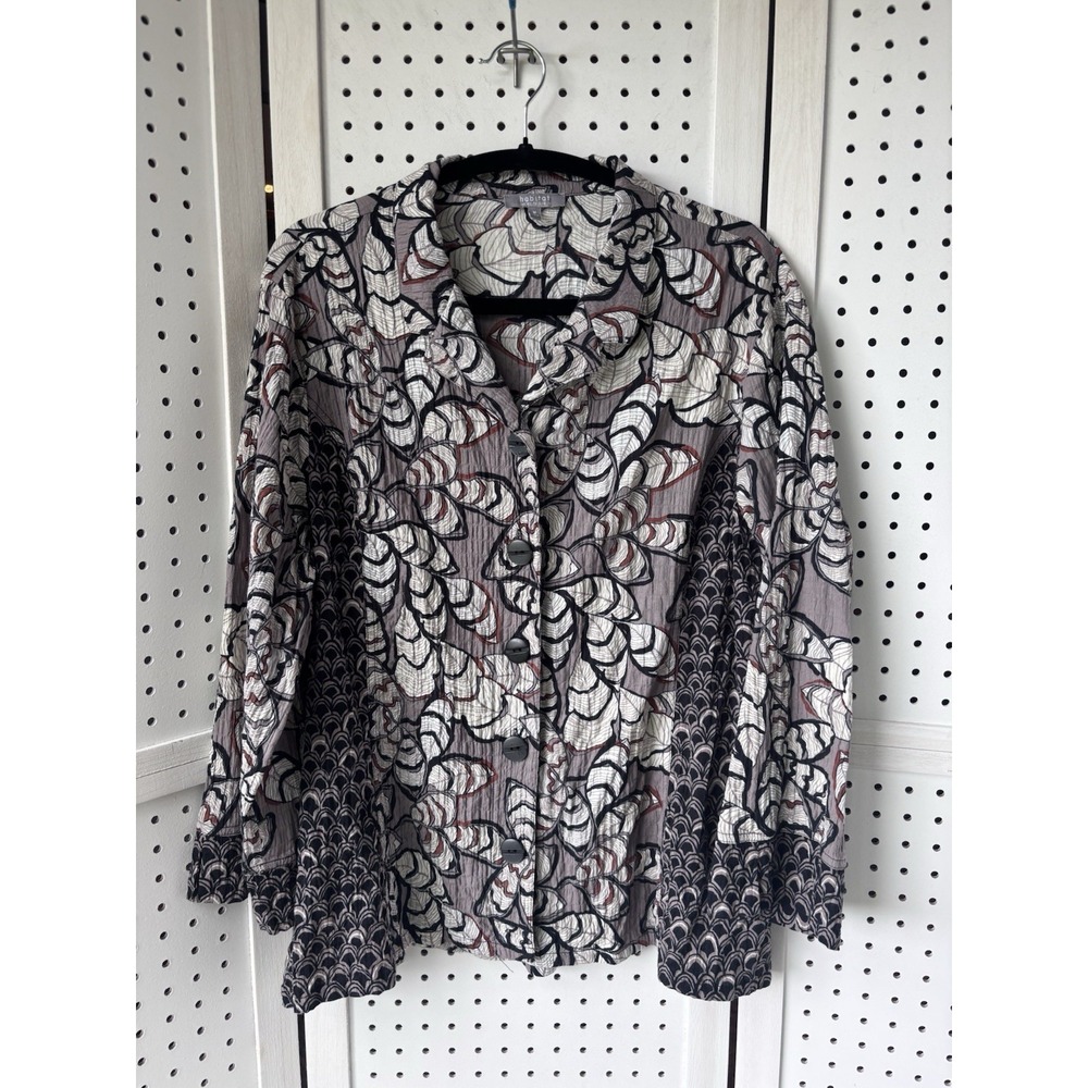 Habitat Women's M Brown Black Floral Leaf Button Down Crinkle Blouse Cotton Span